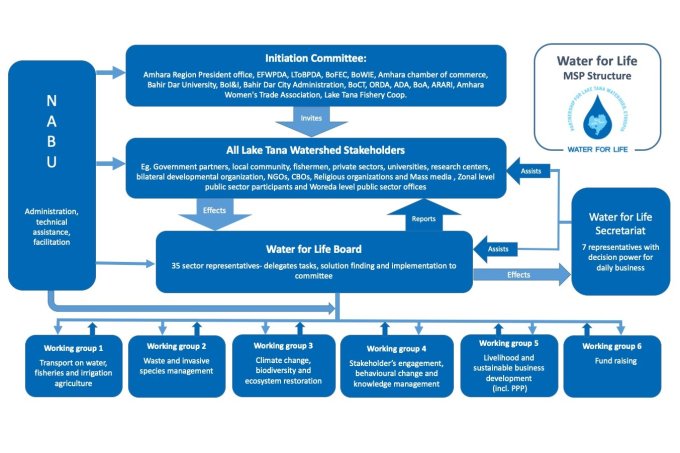 Overview of the governance structure in the &quot;Water for Life&quot; multi-stakeholder-partnership model (MSP)