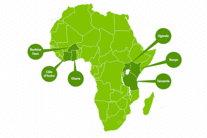 Project sites in Uganda, Kenya, Tanzania, Ghana, Côte d'Ivoire, Burkina Faso.  