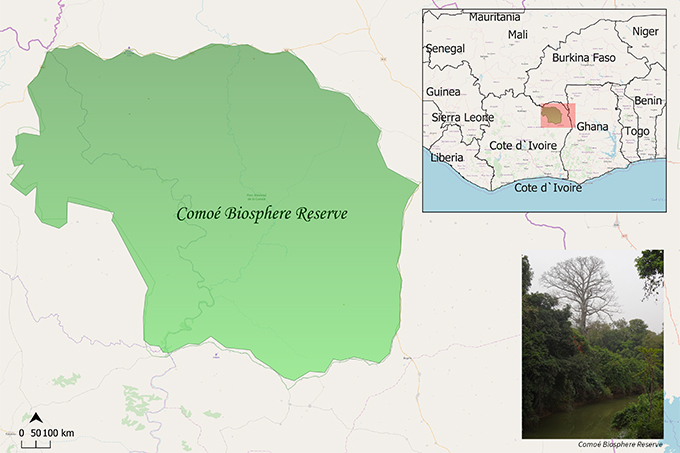 A map of Comoé Biosphere Reserve in Africa.