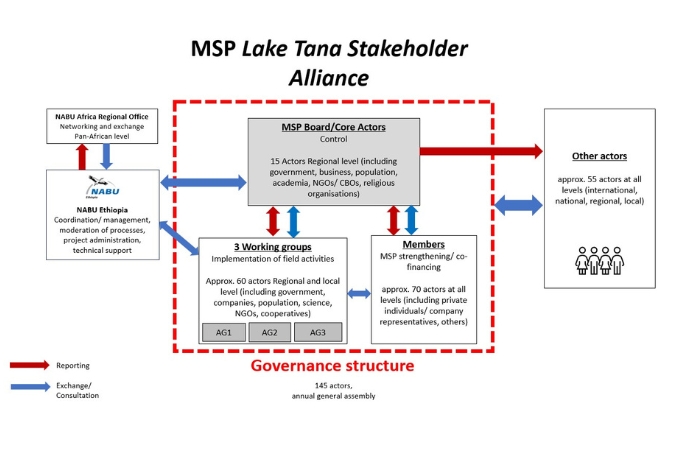 [CLICK TO ENLARGE] Overview of the governance structure in the Lake Tana Stakeholder Alliance Multiple Stakeholders Partnership (MSP) - graphic: NABU